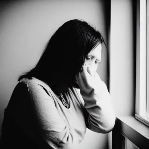 Image similar to black and white photograph portrait of a depressed 35 years old woman standing by the window, natural light, lomo, film grain, soft vignette, sigma 85mm f/1.4 1/10 sec shutter