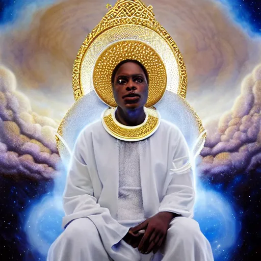 Prompt: obatala the cosmic god wearing all white and gold sitting on a throne of nebula clouds, by Adi granov and afarin sajedi in a surreal portrait style, oil on canvas, volumetric lighting, glowing eyes, detailed face, orisha, 8k, hd