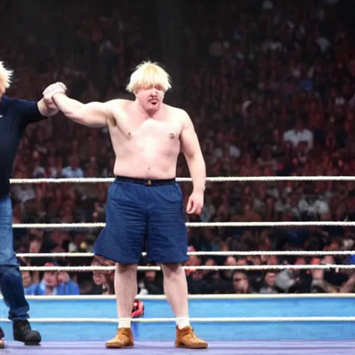 Image similar to boris johnson wearing a blue baseball cap hat and jeans in wwe as a muscular wrestler. he is holding one hand near his face