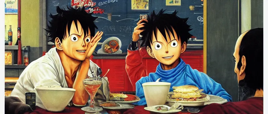 Prompt: Luffy at a diner, head and shoulders portrait, extremely detailed masterpiece, Roger Deakin’s cinematography, oil on canvas, Norman Rockwell.