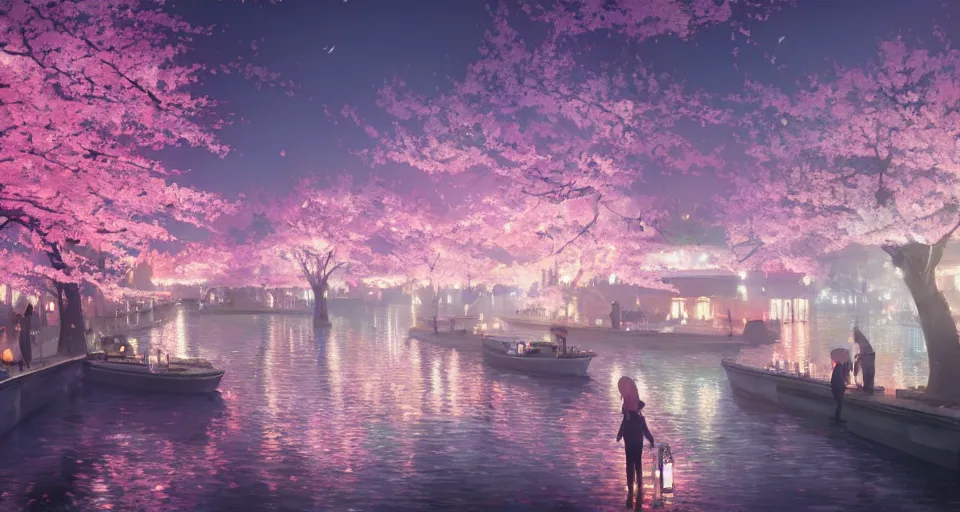 Anime Night Scenery Full Moon Cherry Blossom 4K Wallpaper #4.3112