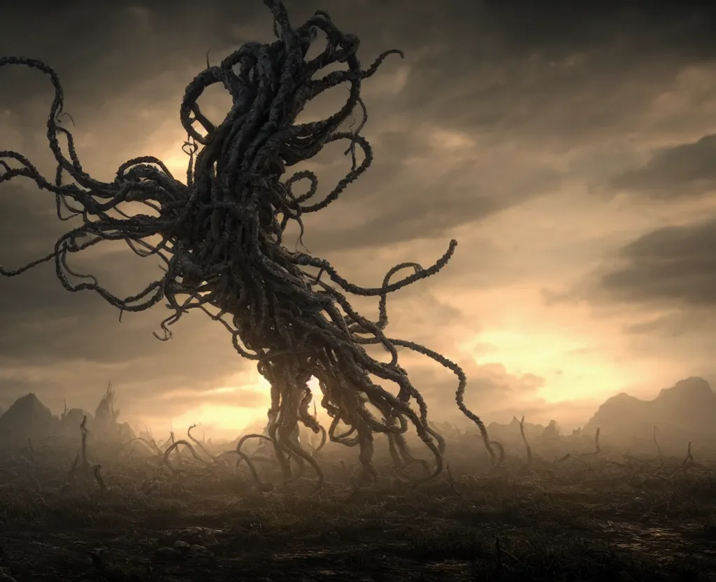 Image similar to the tendrils of a dormant god extending up into the sky, volumetric lighting, unreal engine 5, harrowing apocalyptic atmosphere, photorealistic, unnerving, hyperdetailed 3d matte painting, hyperrealism, hyperrealistic, cinematic masterpiece, fantasy horror style 8k ultrahd octane render