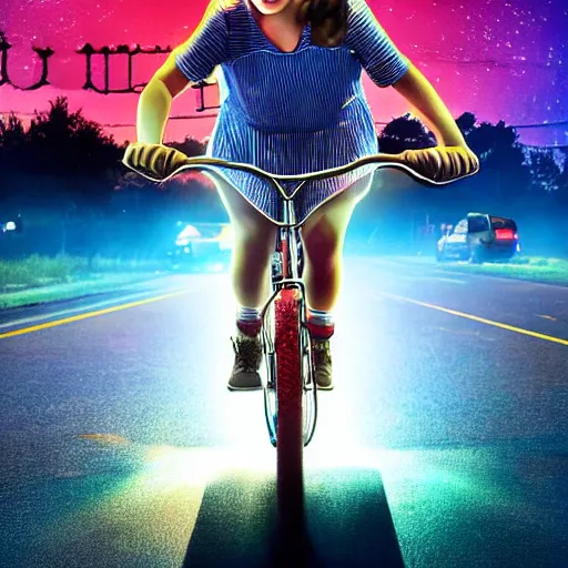 Image similar to wendy thomas as ( maxine mayfield ) from stranger things riding her bike in the middle of the street, the bike's flashlight illuminating the ground, the clear sky, realistic, extremely high details, photorealistic, 2 0 2 2 s, soft lighting, 4 k, human photo