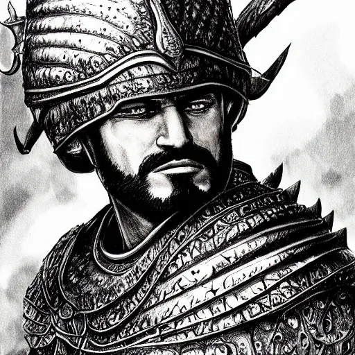 Image similar to a close up portrait of Sultan Saladin, art station, highly detailed, concept art, sharp focus, illustration in pen and ink, wide angle, by Kentaro Miura