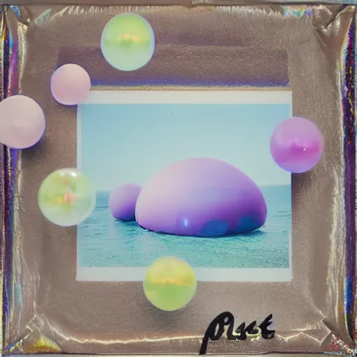 Image similar to a pastel colour high fidelity Polaroid art photo from a holiday album at a seaside with abstract inflatable parachute furniture ((and spheres)), all objects made of transparent iridescent Perspex and metallic silver, no people, iridescence, nostalgic