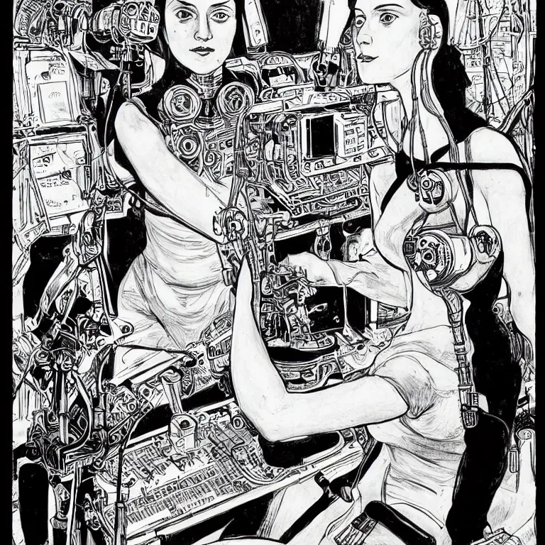 Prompt: Beautiful realistic self portrait by Zinaida Serebriakova as a Cyborg code breaker in 2037 London , high contrast intricate fine line ink drawing comic illustration by Charles Burns shocking detail hyperrealistic 8k
