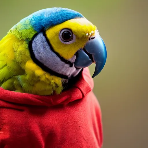 Prompt: a parakeet wearing a Winnie the Pooh hoodie, photo