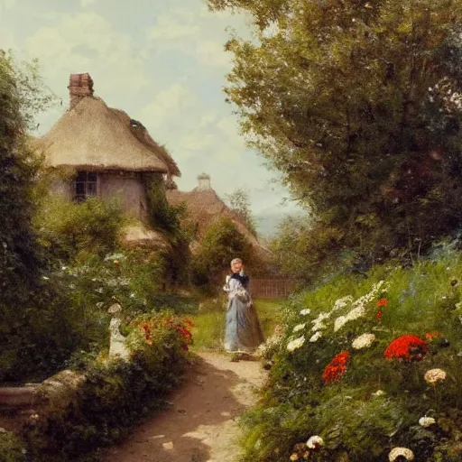 Prompt: landscape jean-Baptiste Monge and Solomon Joseph Solomon and Richard Schmid and Jeremy Lipking victorian landscape genre painting portrait painting of an english country cottage with a stone path and flower garden