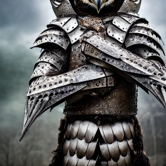 Prompt: full length photo of an owl man wearing armour, highly detailed, 4 k, hdr, smooth, sharp focus, high resolution, award - winning photo