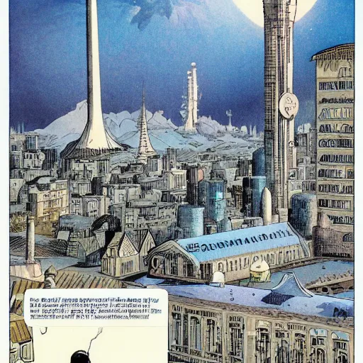 Image similar to comic book page, a city on the moon, by Francois Schuiten