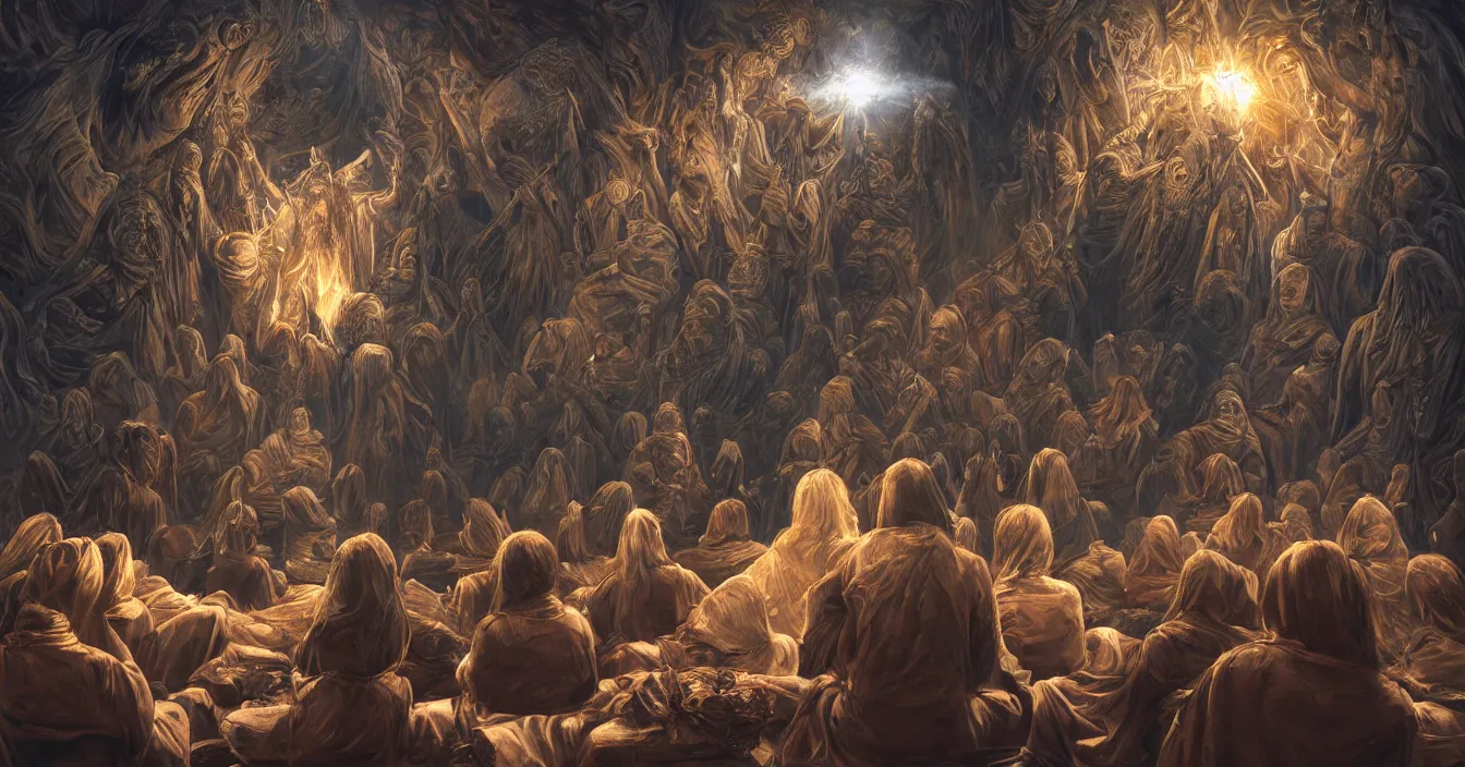 Image similar to rear view of the seated souls in the cinema and watching volumetric light of consciousness projecting their lives in front of them on the big screen, realistic, deep sense of spirituality, visual plasticity, unreal engine quality, raytracing, vray shading, style of donato giancola