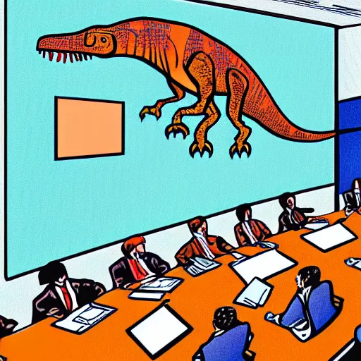 Image similar to detailed intricate colour illustration of a dinosaur doing a PowerPoint presentation in a corporate board meeting room