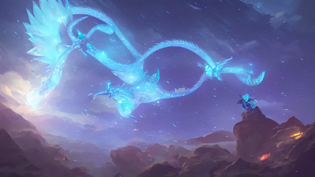 Image similar to a dragon worm flying through the night sky, glowing blue, surrounded by brilliant stars, by sylvain sarrailh, rossdraws, ambient light, ultra detailed, fantasy artwork, 8 k, volumetric lighting, trending on artstation, award winning, very beautiful.