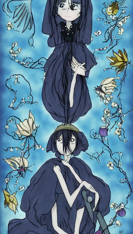 Image similar to the being death as a cute anime girl from a studio ghibli film inspired by the death tarot card