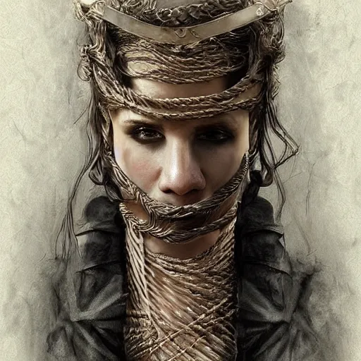 Image similar to portrait of a Shibari rope wrapped face and neck, headshot, insanely nice professional hair style, dramatic hair color, digital painting, of a old 15th century, roman gladiator, amber jewels, baroque, ornate clothing, scifi, realistic, realistic realistic realistic eyes, hyperdetailed, chiaroscuro, concept art, art by Franz Hals and Jon Foster and Ayami Kojima and Amano and Karol Bak,