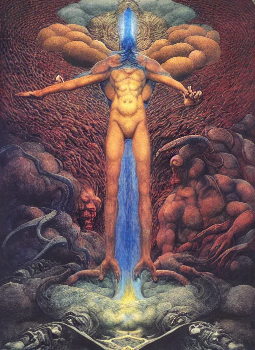 Image similar to eternal battle between good and evil , psx game graphics , painting by Beksinski and Moebius and Takato Yamamoto, by William Blake, Austin Osman Spare, high resolution, ultra detailed