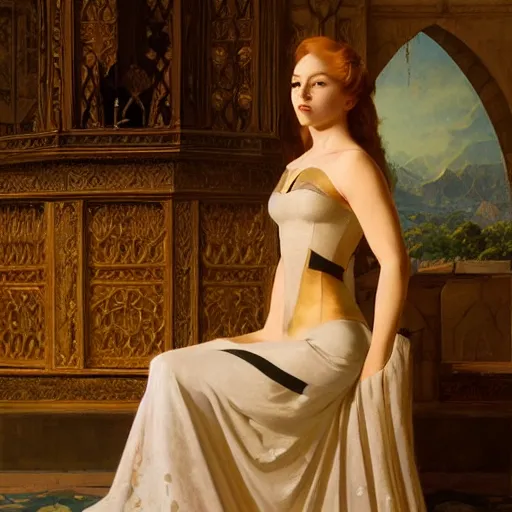 Prompt: kneeling before a proud queen, sitting in a chair while posing for a photo, medieval art, medium shot, intricate, elegant, highly detailed, digital painting, volumetric light, artstation, concept art, smooth, sharp focus, illustration, art by Gil Elvgren and Greg Rutkowski and Alphonse Mucha, 8K