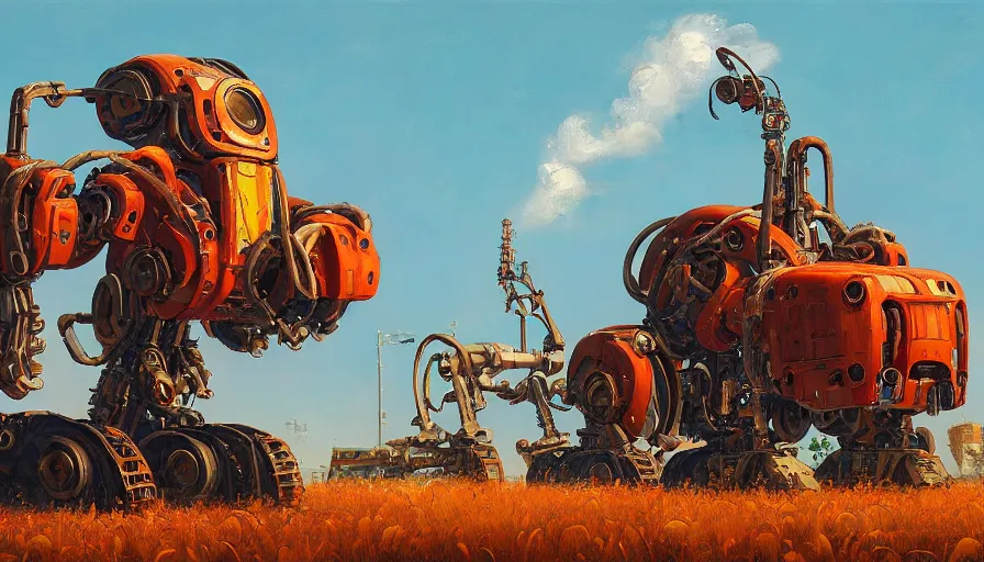 Image similar to an intricate oil painting of a giant scrap metal anime combine harvester humanoid mecha with rounded components by simon stalenhag