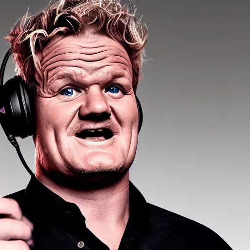 Image similar to obese Gordon Ramsey wearing a headset yelling at his monitor while playing WoW highly detailed wide angle lens 10:9 aspect ration award winning photography by David Lynch esoteric erasure head