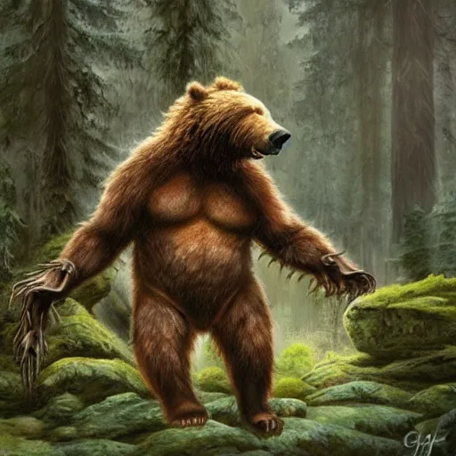 Image similar to one ferocious giant grizzly bear monster with 4 arms in a forest, fantasy concept art, by greg rutowski, detailed, epic pose