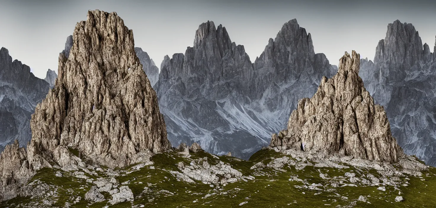 Image similar to hyperrealist highly detailed neo-baroque photography portrait of haystack monsters standing in dolomites concept art pascal blanche dramatic studio lighting 8k wide angle shallow depth of field