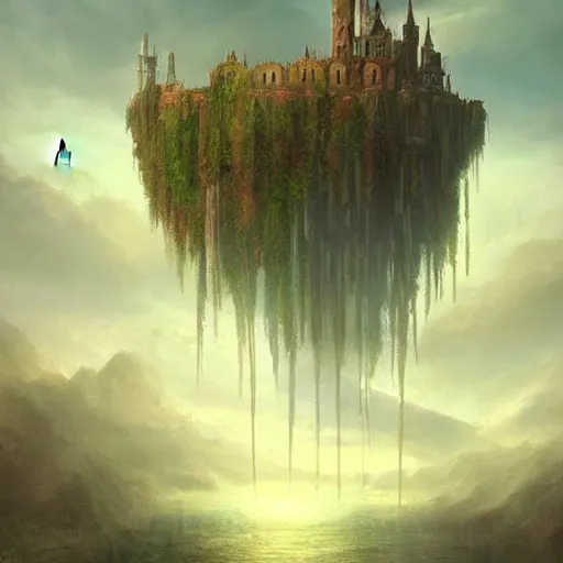 Image similar to a painting of a city castle floating in the air, flying island, levitating citadel, a matte painting by marc simonetti, deviantart, fantasy art, lush world above an apocalypse landscape, matte painting, fantasy landscape