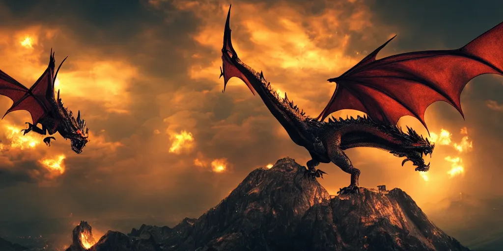 Image similar to A single dragon with half open wings breathing fire on the top of a mountain, epic composition, detailed and intricate image, cinematic, 4K