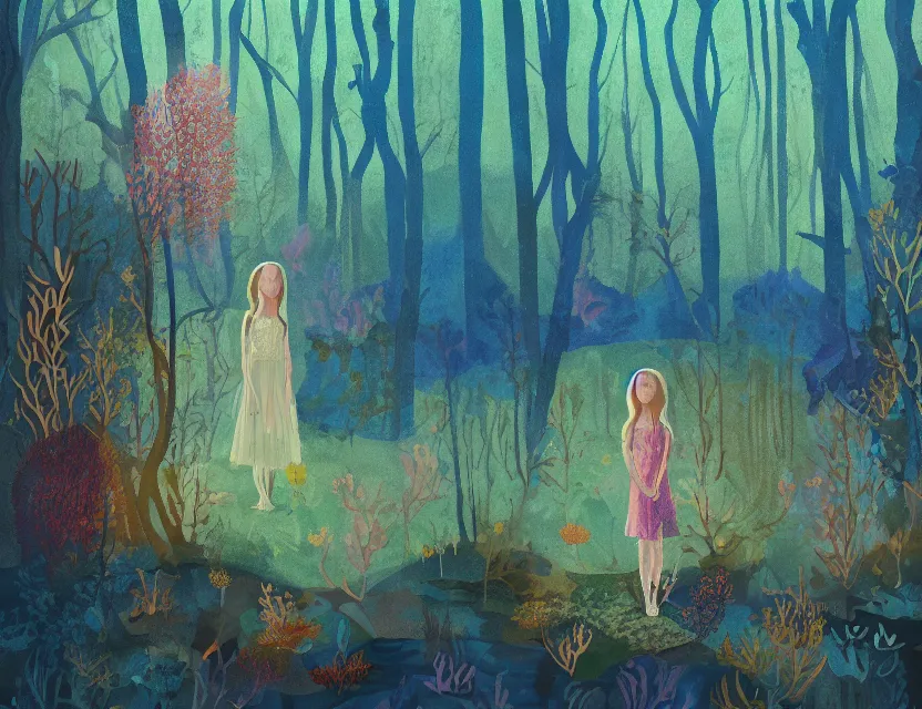 Prompt: girl in a lace dress in underwater woods. complementary colors, gouache, indie concept art, bloom, chiaroscuro, backlighting, intricate details.