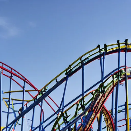 Image similar to at the peak of a rollercoaster track looking down at the drop, exhilarating, hands up in the air, beautiful horizon, theme park, Six Flags, sunny day