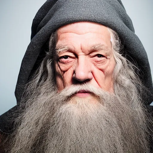 Image similar to a closeup studio photographic portrait of gandalf smoking a joint, studio lighting