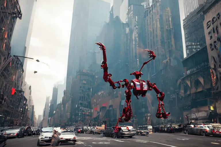 Image similar to VFX movie of a flying dark futuristic robot hero with 6 arms levitating on New York street, steam vent, by Emmanuel Lubezki