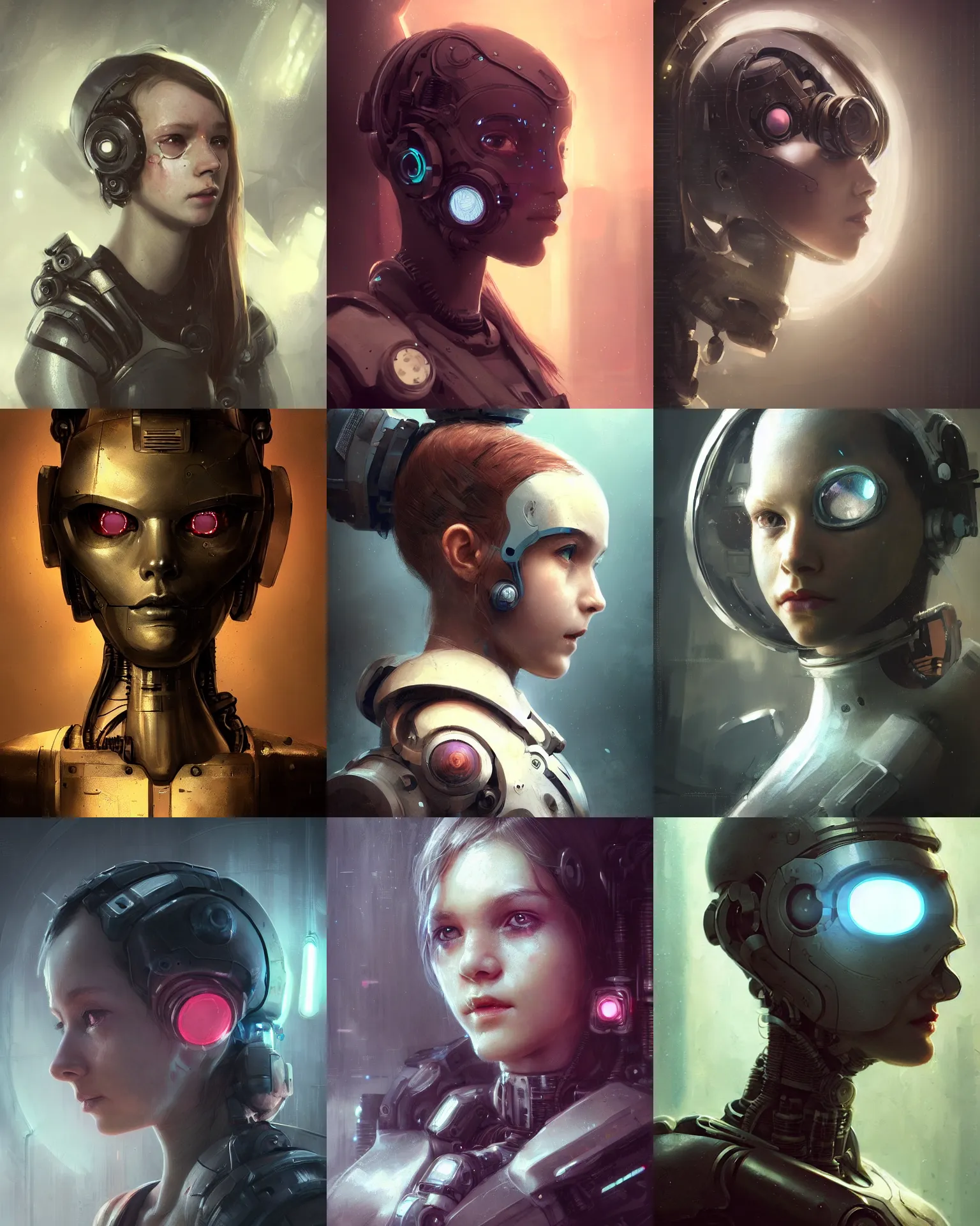 Prompt: a cute young girl cybernetic enhancements, detailed lens mask, scifi character portrait by greg rutkowski, esuthio, craig mullins, 1 / 4 headshot, cinematic lighting, dystopian scifi gear, gloomy, profile picture, mechanical, half robot, implants, steampunk, warm colors