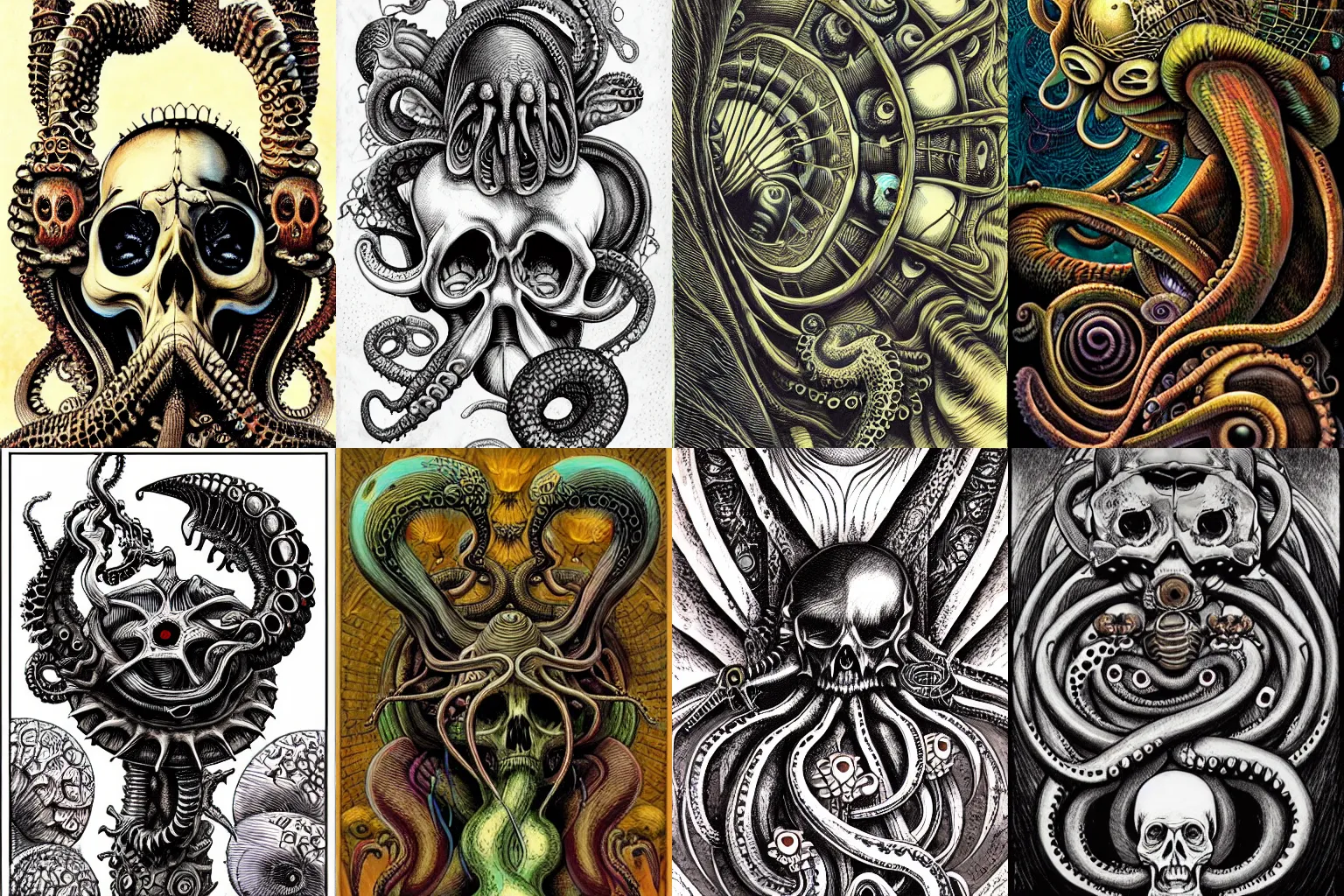 Prompt: artwork by hp lovecraft, h. r. giger, aaron horkey, amanda sage and akira toriyama. butterflies, vibrant, skull, tentacle, octopus, mushroom, fungi, bio - mechanical, steampunk, horror, design. artstation, trending, uhd, 4 k, detailed, award - winning.