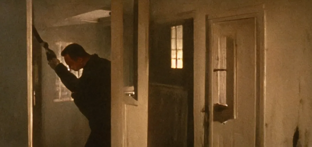 Image similar to jack nicolson breaking down door with an axe, foggy cinematic shot photo still from movie shining by stanley kubrik