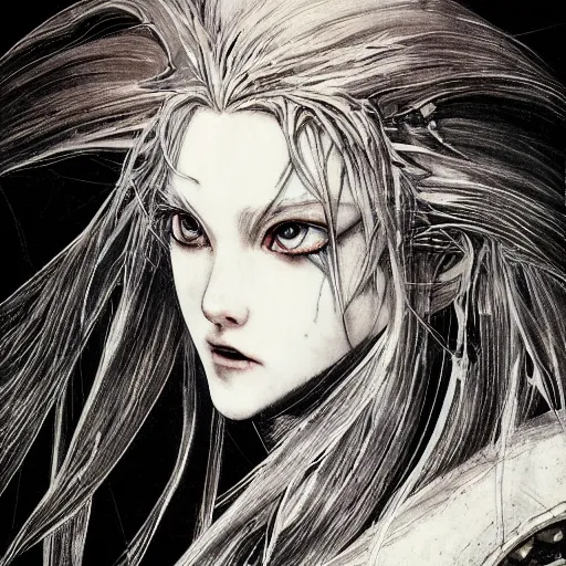 Image similar to Yoshitaka Amano realistic illustration of an anime girl with wavy white hair and cracks on her face wearing Elden ring armour with the cape fluttering in the wind, abstract black and white patterns on the background, noisy film grain effect, highly detailed, Renaissance oil painting, weird portrait angle