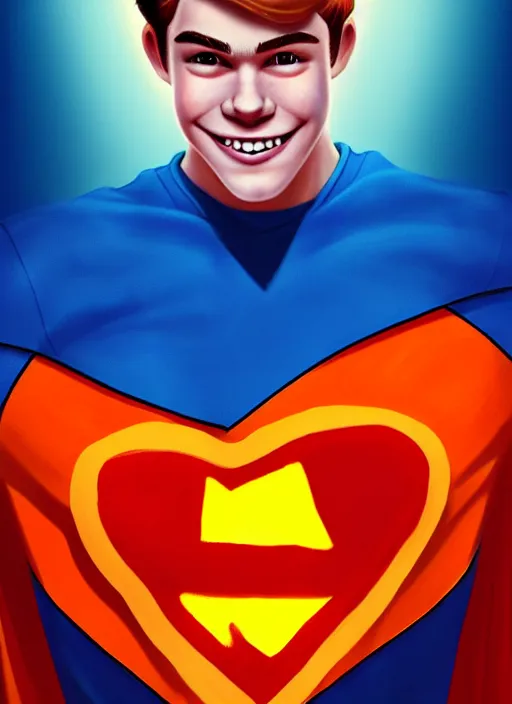 Image similar to friendly teenage archie andrews wearing an orange superhero costume with heart logo, heart, orange costume, blue cape, freckles, cape, heart emblem on chest, heart, blue cape, intricate, elegant, glowing lights, highly detailed, digital painting, artstation, sharp focus, illustration, art by wlop, mars ravelo and greg rutkowski