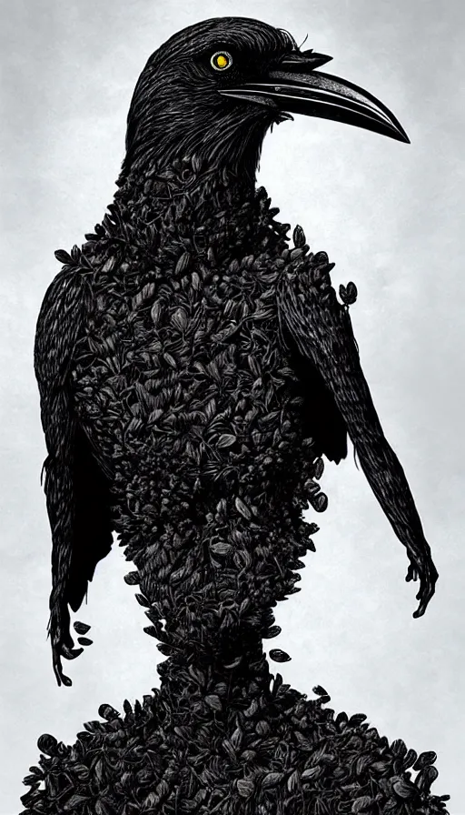 Image similar to epic professional digital art of humanoid crow by dan hillier and julia deville, lisa roet, sam leach, sidney nolan and peter booth