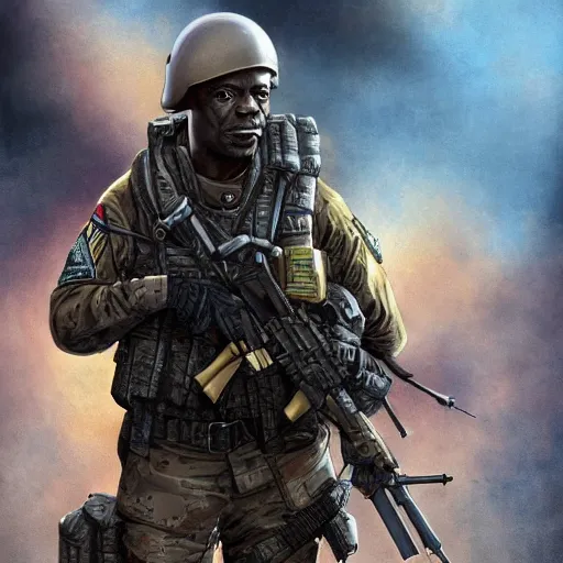 Image similar to Dave Chappelle as a navy SEAL, high resolution fantasy concept art, intricate details, soft lighting