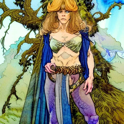 Image similar to a realistic and atmospheric watercolour fantasy character concept art upper body image of a young jane fonda in her 2 0 s posing as a druidic warrior wizard looking at the camera with an intelligent gaze by rebecca guay, michael kaluta, charles vess and jean moebius giraud