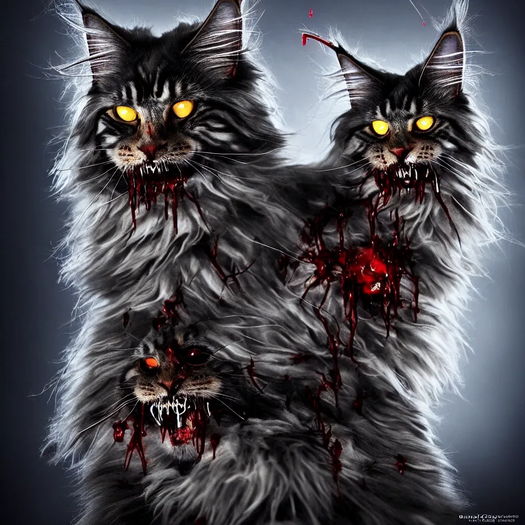 Prompt: “beautiful award-winning photo of a wise maine coon with cybernetic spider eyes and blood dripping off of its fangs. masterpiece, trending on artstation, cinematic composition, dramatic pose, volumetric lighting, sharp, details, hyper-detailed, HD, 4K, 8K ”