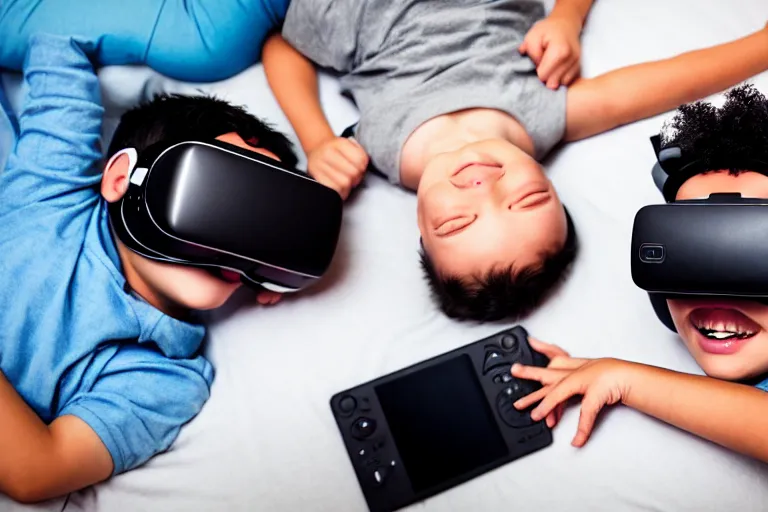 Prompt: An aerial stock photo of two boys laying in bed, with a bunch of stuff, wearing a VR-headset, featured on flickr, cluttered