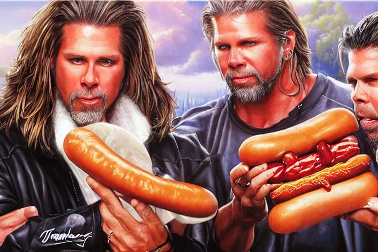 Image similar to portrait of wwf shawn michaels and wcw kevin nash sharing hotdogs, an oil painting by ross tran and thomas kincade