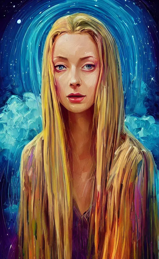 Image similar to a beautiful painting portrait of galadriel beautiful and fair skin, art of alena aenami, featured on artstation, vertical orientation, paint brush strokes, expressionism, brushstroke - laden, breathtaking clouds, birds, ocean, beautiful stars, long exposure, big moon radius, airy midnight theme, blue purple gradient, lens flare