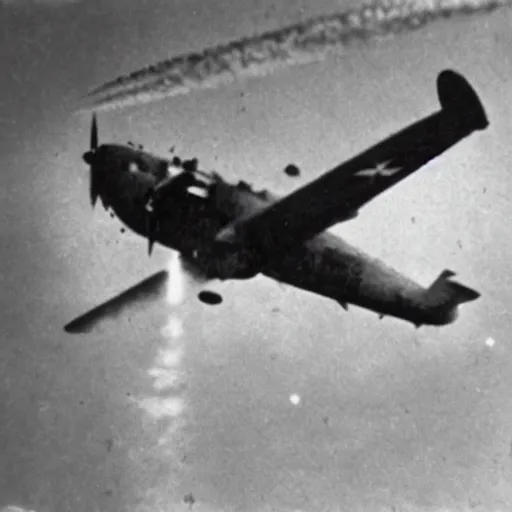 Image similar to highly detailed photograph of a plane being shot out of the sky in ww2, exploding violently, historic archive, cinematic