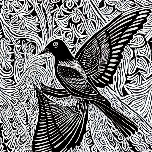 Image similar to magpie, detailed intricate block print, 4k, black ink on white paper