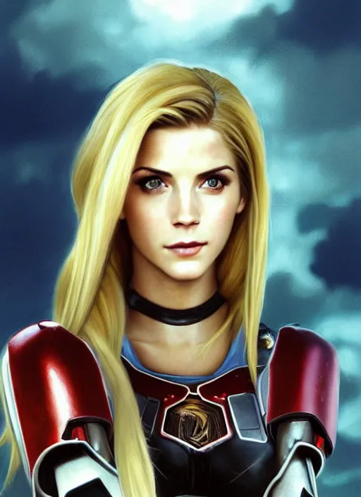 Image similar to portrait of a combination of Ashley Greene, Katheryn Winnick, Victoria Justice and Adriana Dxim, Grace Kelly, Emma Watson and Lily Collins with blonde hair wearing Samus' Armor from Metroid Prime, countryside, calm, fantasy character portrait, dynamic pose, above view, sunny day, thunder clouds in the sky, artwork by Jeremy Lipkin and Giuseppe Dangelico Pino and Michael Garmash and Rob Rey and Greg Manchess and Huang Guangjian, very coherent asymmetrical artwork, sharp edges, perfect face, simple form, 100mm