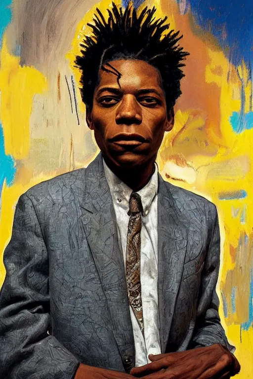 Image similar to portrait of Jean Michel Basquiat outside during golden hour, intricate, elegant, dramatic lighting, rugged face, highly detailed, lifelike, photorealistic, digital painting, artstation, illustration, concept art, smooth, sharp focus, art by John Collier and Albert Aublet and Krenz Cushart and Artem Demura and Alphonse Mucha