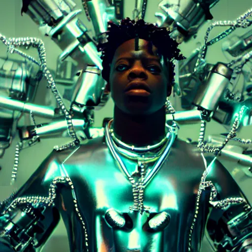 Image similar to a cinematic film still of rapper unotheactivist as a cybernetic cyborg, cgi, surrealism, film photography