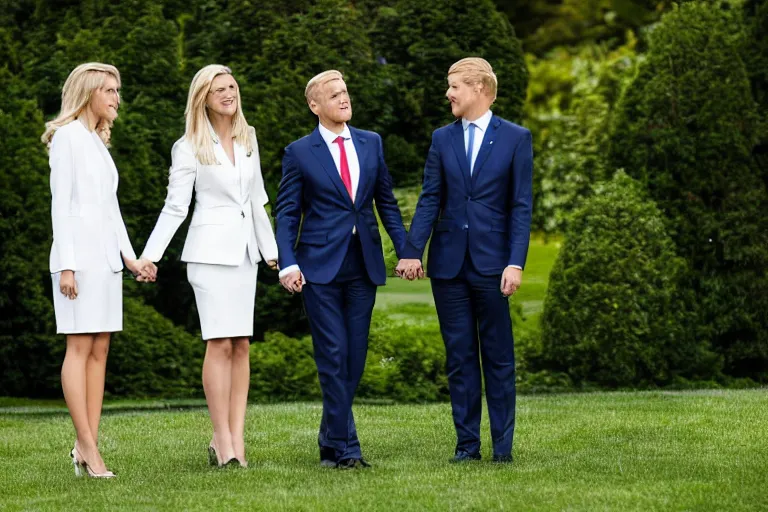 Image similar to beautiful confident smug thirtysomething blonde female president wearing suit alone in the white house rose garden with her two attractive boyfriends, holding hands, photograph, dslr, bokeh, romantic, campaign ad