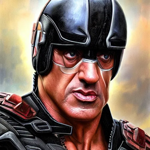 Image similar to Sylvester Stallone as Judge Dredd, artists portrait, fantasy, highly detailed, digital painting, concept art, sharp focus, depth of field blur, illustration, art by artgerm and greg rutkowski and alphonse mucha